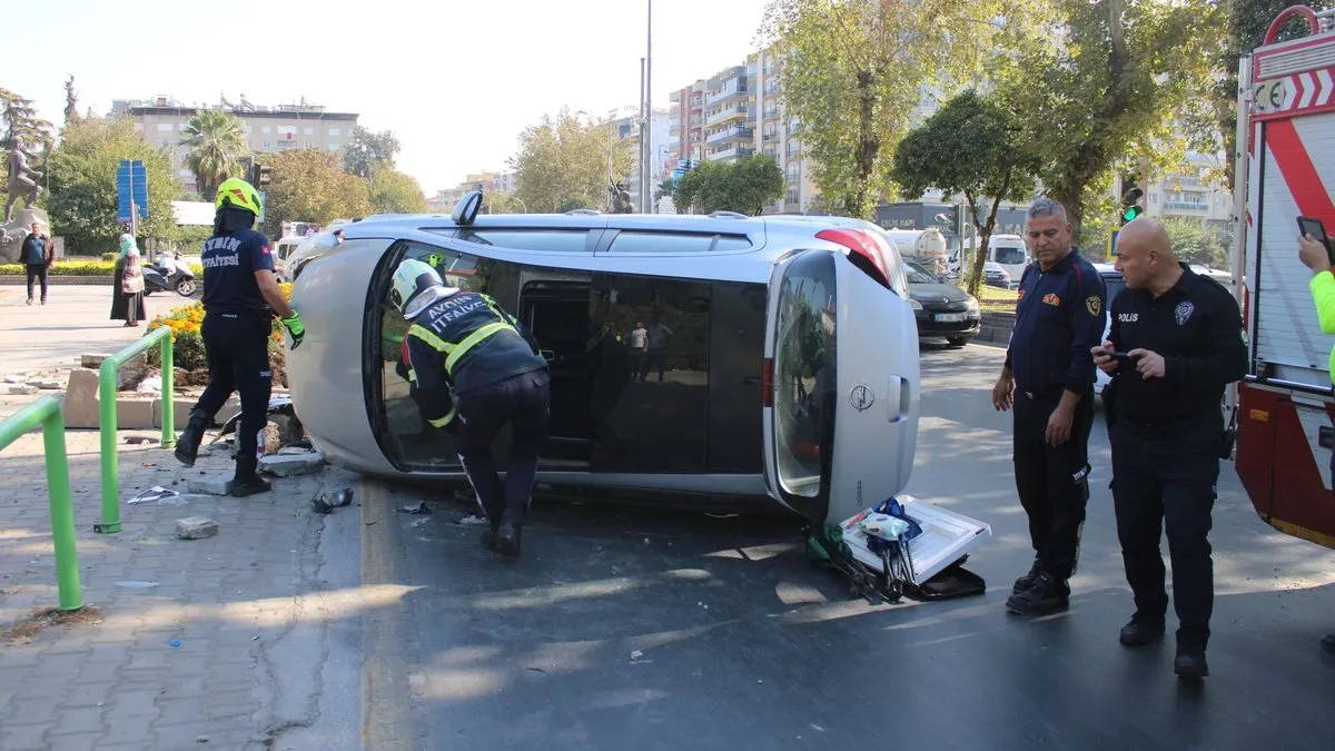 Aydın’da korkutan kaza: Kontrolden çıkan araç yan yattı